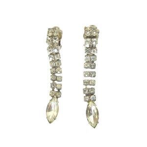 Vintage Marquise & Round Cut Rhinestone Dangle Drop Earrings Silver Tone Clip On